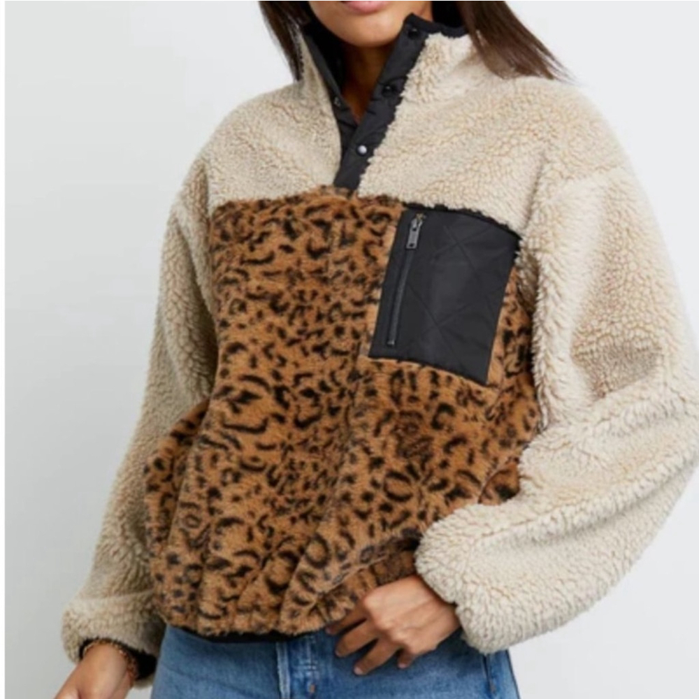 Rails Saga Cream Leopard Print Teddy Quarter-zip Pullover Jacket